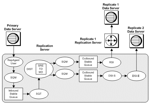 Figure 4-1 illustrates how a transaction that originates in a primary data server is sent to the primary Replication Server and subsequently distributed to a replicate Replication Server. From the primary data server, the transaction goes to the Replication Server. The Rep Agent user sends the transaction to S Q M; this transaction is stored in the inbound stable queue and then passes to S Q T. From S Q T it goes to D I S T with command filters, S R E, T D, and M D. From D I S T, the transactions are stored in the outbound stable queue and then distributed to two replicate Replication Server using the R S I and D S I dash S.