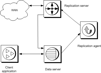 Figure 1-1 is a simplified depiction of one replication system site in a wan-based, distributed database system that uses Replication Server.  This simplified Replication system consists of a Replication Server, a data server, a Replication Agent and a client application.  The client application retrieves data from the data server and it also updates the data server. The Replication Server transfers transaction log information from the data server via a Replication Agent for distribution to other data servers via the lan or wan. The sections that follow describe each component.