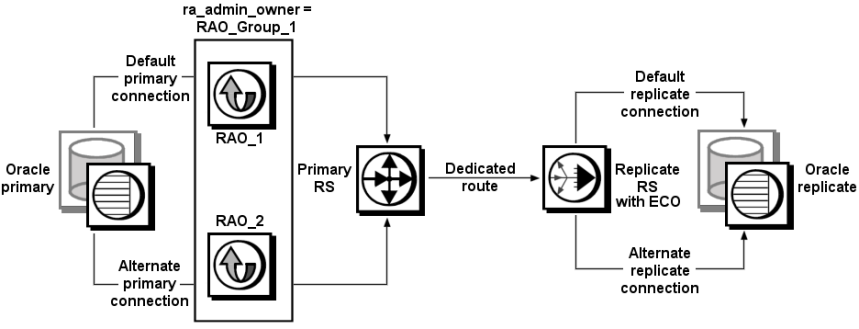 This figure describes multipath replication of of Oracle data using the RSO for Oracle components.