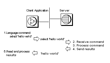 The figure illustrates how a language command, for example, "hello world", is selected by a client application, which is then received and processed by the server. Subsequently, the server sends the results to the client application for reading and processing.