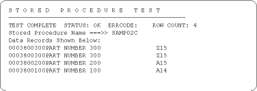 The figure shows an example of the Stored Procedure Test results window. 