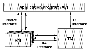 In this figure of the conceptual view of the X/Open DTP model, the application program interacts with RM in the native interface, and with TM in the TX interface. In addition, RM and TM interact in the XA interface.