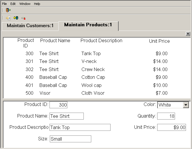 The Product Maintenance sheet window displays as a tab page. It has master-detail DataWindows with information from the Products table.