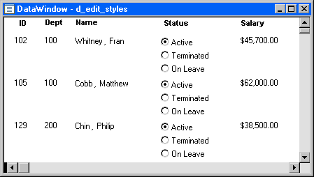 Shown is a Data Window with a list of employee information. For each employee, there are three Status radio buttons: Active, Terminated, and On Leave.