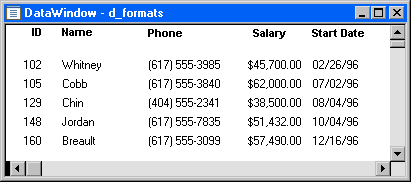 The illustration shows examples of formatting data. The phone numbers column, for example, has area codes grouped in parentheses, and a hyphen separating the first three numbers of the exchange from the last four. Entries in the Salary column have a dollar sign, commas, and a decimal point.
