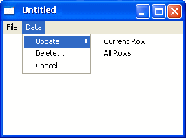 Shown is a window with the Data menu item selected. Under Data is a drop-down menu. A menu item is selected, showing an example of a cascading menu to the right.