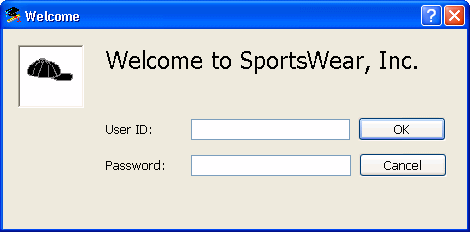The log in window you will create in the tutorial includes a User ID field, a Password field, an OK button and a Cancel button.