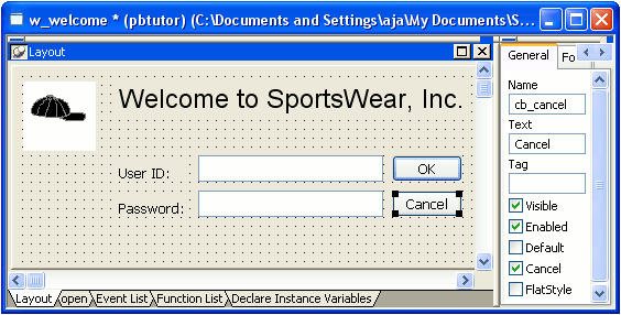 Shown is the layout view with the completed Login window.