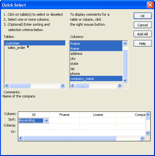 The Quick Select dialog box is shown.