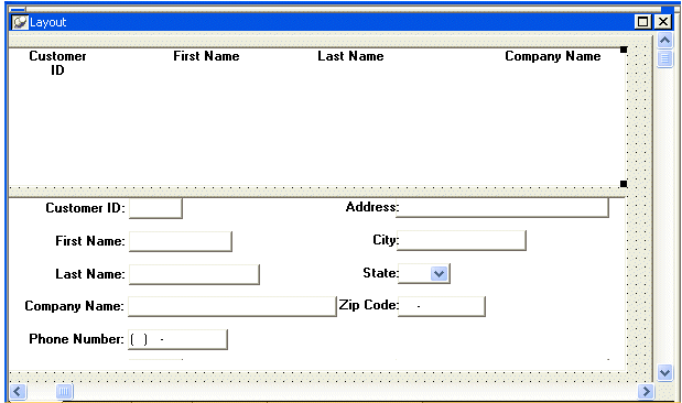 Shown is the Layout view with the d _ customer Data Window object inside the d w _ detail control. Across the top half of the screen are the column headings Customer I D, First Name, Last Name, and Company Name. The bottom half of the screen shows labeled text boxes on the left side for Customer I D, First Name, Last Name, Company Name, and Phone Number. On the right side are labeled text boxes for Address and City, then a drop down for State, and then a text box for Zip Code.