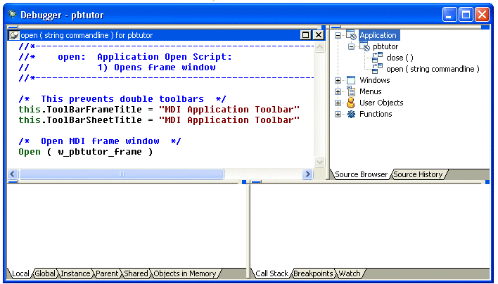 Shown is the default view layout scheme of the Debug window.