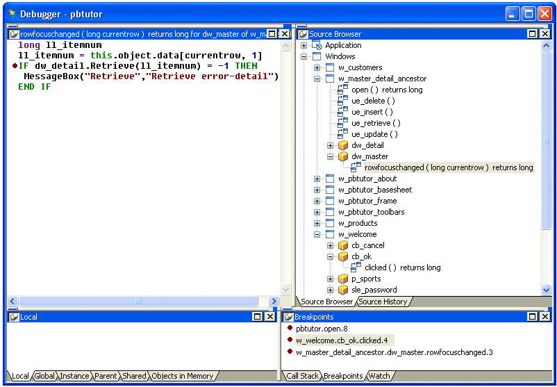 Shown is the Debugger window. The Breakpoints tab lists p b tutor dot open dot eight, w welcome c b o k clicked four, and w master detail ancestor d w master row focus changed three.