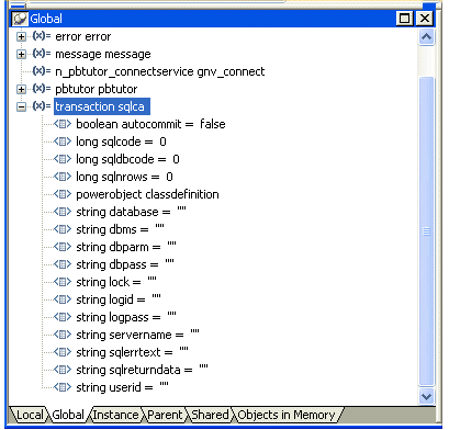 Shown is the Global variables view of the Debugger window.