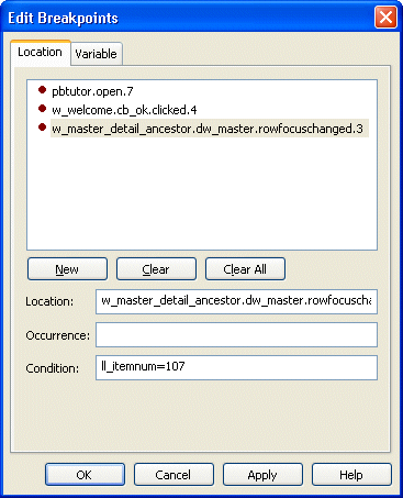 Shown is the Location tab page of the Edit Break points dialog box.