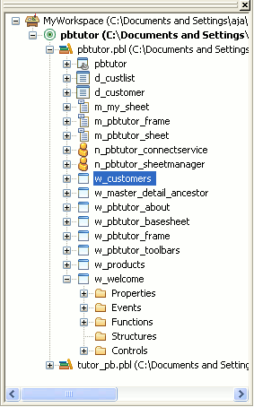 Shown is p b tutor dot pibble expanded in the System Tree. Of the objects that it includes, the window named w _ customers is highlighted.