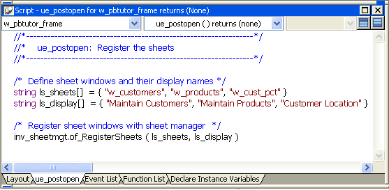 Script view for ue_postopen event
