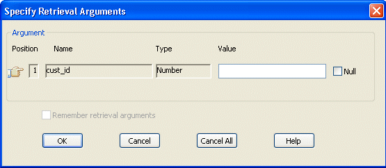 Shown is the Specify Retrieval Arguments dialog box.