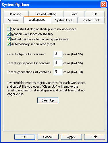 Shown is the Work spaces tab of the System Options screen.