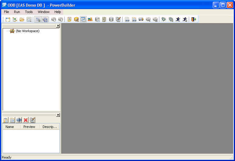 The illustration displays an empty PowerBuilder window, including the menu bar, PowerBar, System Tree, and Clip Window.