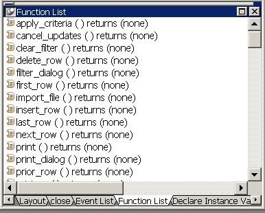 The screen displays the alphabetical function list. Shown in the sample display are the functions apply _ critera ( ) returns ( none ) through prior _ row ( ) returns ( none ).