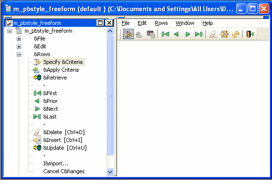 On the left half of the sample screen are a menu bar and a toolbar. On the right is an expanded list of menu items under m _ p b style _ free form. Specify Criteria and its associated icon appear together in the list on the right. The icon also appears on the tool bar on the left.