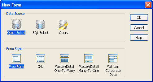 The sample shows the new form dialog box. In the Form Style section displayed in the bottom half of the dialog box, an icon appears at far right, and beneath it is the text maintain corporate data. 
