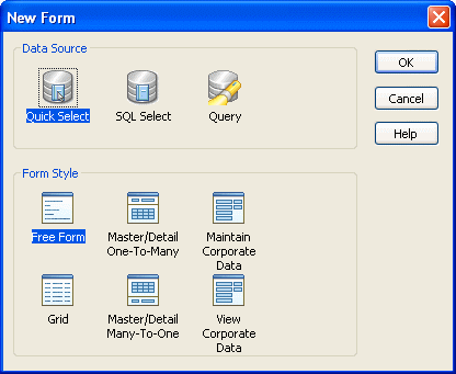 The sample shows the New Form dialog box. Three Data sources display at the top: Quick Select, Sequel select, and query. Form Styles display beneath. Two custom styles, Maintain corporate data and view corporate data, display with the same generic icon. Also displayed with unique icons are the form styles Free Form, Grid, Master / Detail One - to - Many, and Master / Detail Many - to - One.