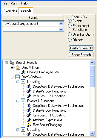 The screen displays search results as an expanded, scrollable tree. The tiem selected is displayed at upper left. At upper right there are radio buttons for searching on events, PowerScript functions, user functions, and objects. Below them are buttons labeled perform search and reset search.