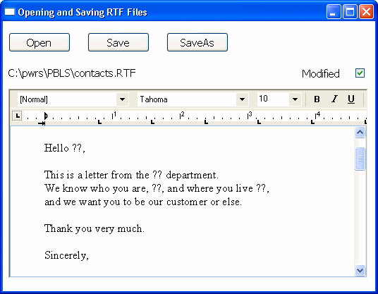 The screen for opening and saving RTF files has three buttons across the top, Open, Save, and Save As. The name of the open file displays below the buttons, and a Modified checkbox indicates whether the file has been changed. The formatting toolbar is next, and below it is the text of the open file.