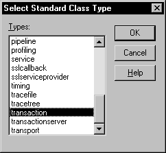 The Select Standard Class Type dialog box displays the title Types and a scrollable list of the standard types available. In the example, the type transaction is highlighted. To the right are three buttons, OK, Cancel, and Help.