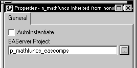 The example shows the General property page of the user object property sheet. The title displays Properties and the name of the user object. On the General tab, there is an Auto Instantiate check box that is cleared, then a text input field labeled E A Server Project. The project name shown in the field is p _ math funcs _ e a s comps.