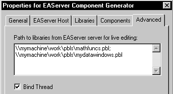 This example shows the library list on the Advanced page of the component’s property sheet in the Project painter. The page’s title is Properties for E A Server Component Generator. The Advanced tab, the rightmost one, is open and displays the path to two libraries from E A Server server for live editing. Closed tabs shown from left to right are General, E A Server Host, Libraries, and Components. A Bind Thread check box appears at the bottom and is checked.