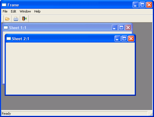 At the top left of the screen is the title Frame. Below the title is a horizontal menu bar with the choices File, Edit, Window, and Help, starting at the far left. Below the menu bar is a horizontal bar displaying sample icons. The balance of the rectangular screen is a gray background client area with two overlapping white rectangles representing sheets. They are labeled Sheet:1 and Sheet: 2 and each has buttons at top right for minimizing, reducing, and closing the sheets.