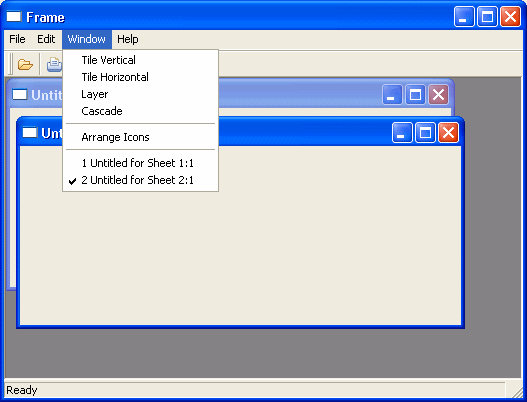 The frame display has two open sheets. The Window choice on the menu bar has an open drop-down menu. At the bottom of the menu are listed the open sheets, Sheet:1 and Sheet:2. The active sheet, Sheet:2, has a checkmark.