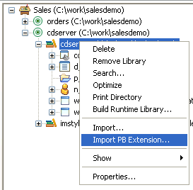 The pop-up menu for a library in the System Tree includes the Import PB Extension menu item that is highlighted in this picture.