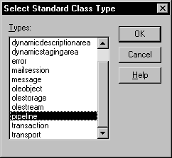 The sample Select Standard Class Type dialog box displays the title Types : and a scrollable list  of PowerBuilder system objects. The pipeline system object is highlighted. On the right are three buttons, O K, Cancel, and Help.