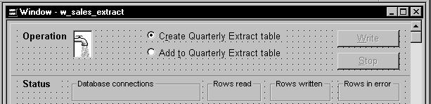 The sample Window painter screen shows the layout of the Operation and Status areas of w _ sales _ extract. In the Status area are three StaticText controls labeled Rows red, Rows written, and Rows in error.