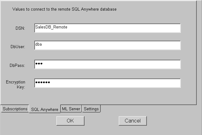 Synchronization options window with fields for the D S N and database user, as well as encoded fields for the database password and encryption key.