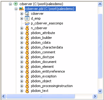 The sample screen shows p b dom (D: backslash DOC backslash p b dom), and under it the p b dom p b d and all of its objects, which include p b dom _ attribute, builder, c data, character data, comment, doc type, document, element, entity reference, exception, object, processing instruction, and text.