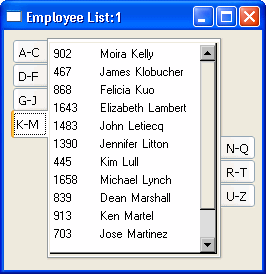 The sample Tab control shows a page of employees listed alphabetically. Tabs running along the upper left and lower right of the list offer ranges of letters such as a through c that the user can select to display a different page of the list. The last tab on the left is the one selected. Its range of letters is bolded. The ones that follow it are displayed on the right.