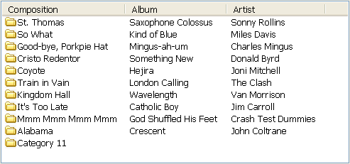 A sample list displays three columns. From left to right, the columns list compositions, each with text and a small icon,  and then text only with the name of the album and the artists for each.