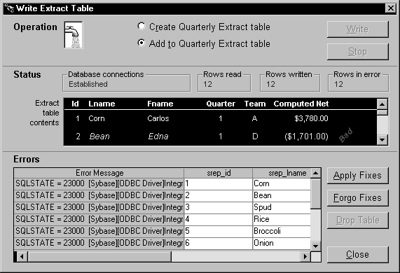 The Errors area of the sample Write Extract Table screen displays a scrollable Data Window control with three  columns. Column one lists Error Messages. For each message, columns two and three show the values for s rep _ id and s rep _ l name associated with the message.