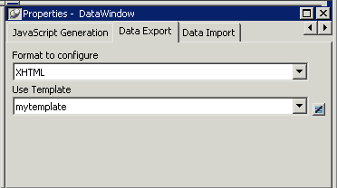 Shows the Data Export tab page of the DataWindow properties page with the Format to Configure and Use Template properties