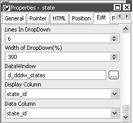DropDown DataWindow properties: Lines in Dropdown, Width of Dropdown, DataWindow, Display Column, and Data Column