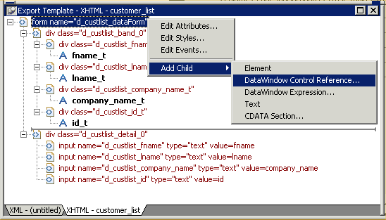Shows the Export Template view for  XHTML and the root element’s popup menu. The menu items are Edit Attributes, Edit Styles, Edit Events, and Add Child. With Add Child selected, a second popup menu displays Element, DataWindow Control Reference, DataWindow Expression, Text, and CDATA Section.