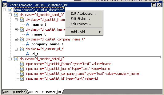 Shows the Export Template view for  XHTML and the root element’s popup menu. The menu items are Edit Attributes, Edit Styles, Edit Events, and Add Child