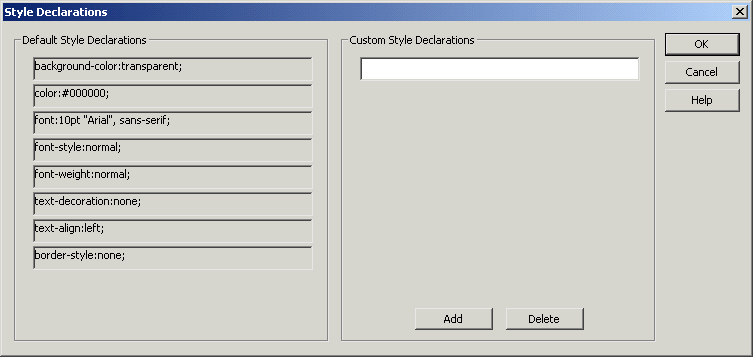 The sample shows the Style Declaration dialog box with the input Element displayed. Under the element is an attributes box that lists the size, type, class, value, and tabindex items. The value attribute has a control reference  equal to name. The rest of the Attributes have Text references.