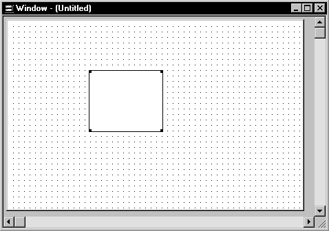 A field of dots displays as a background grid in an untitled window. A blank rectangle superimposed on the grid represents the DataWindow control. The four corners of the control are small black rectangular handles for resizing the control.