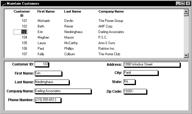 A sample Maintain Customers screen is divided into two halves. The upper half displays four columns for Customer ID, First Name, Last Name, and Company Name. One of the customer IDs is highlighted and surrounded by a dotted rectangle, signifying that an edit control has been placed on it. For the highlighted customer ID, the bottom half of the screen displays not only first, last, and company name, but also the phone number, address, city, state, and zip code associated with that customer ID. associated data for that ID from the other three columns
