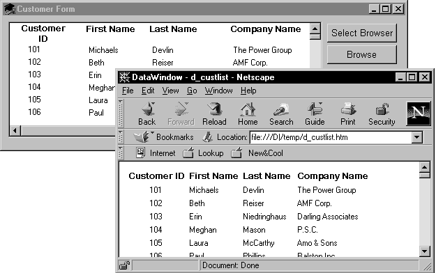 A sample titled Customer Form is shown with four columns of data: customer I D, First Name, Last Name, and Company Name. To the right of the data are two buttons, Select Browser and Browser. A second sample screen displays the same content in a Netscape window titled Data Window - c _ cust list - Netscape. Below a standard Netscape menu bar and toolbar is displayed the location of the sample file d _ custlist dot h t m.